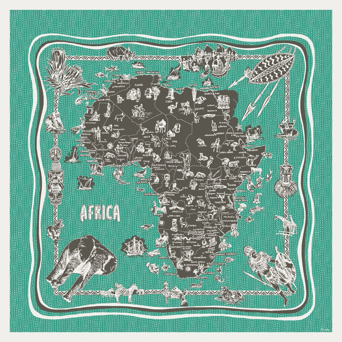 Africa2 マッププリント ビッグスカーフ Green / BBB2100 Africa2-c2
